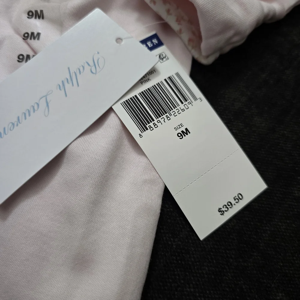 Ralph Lauren Light Pink Footie with Floral Trim